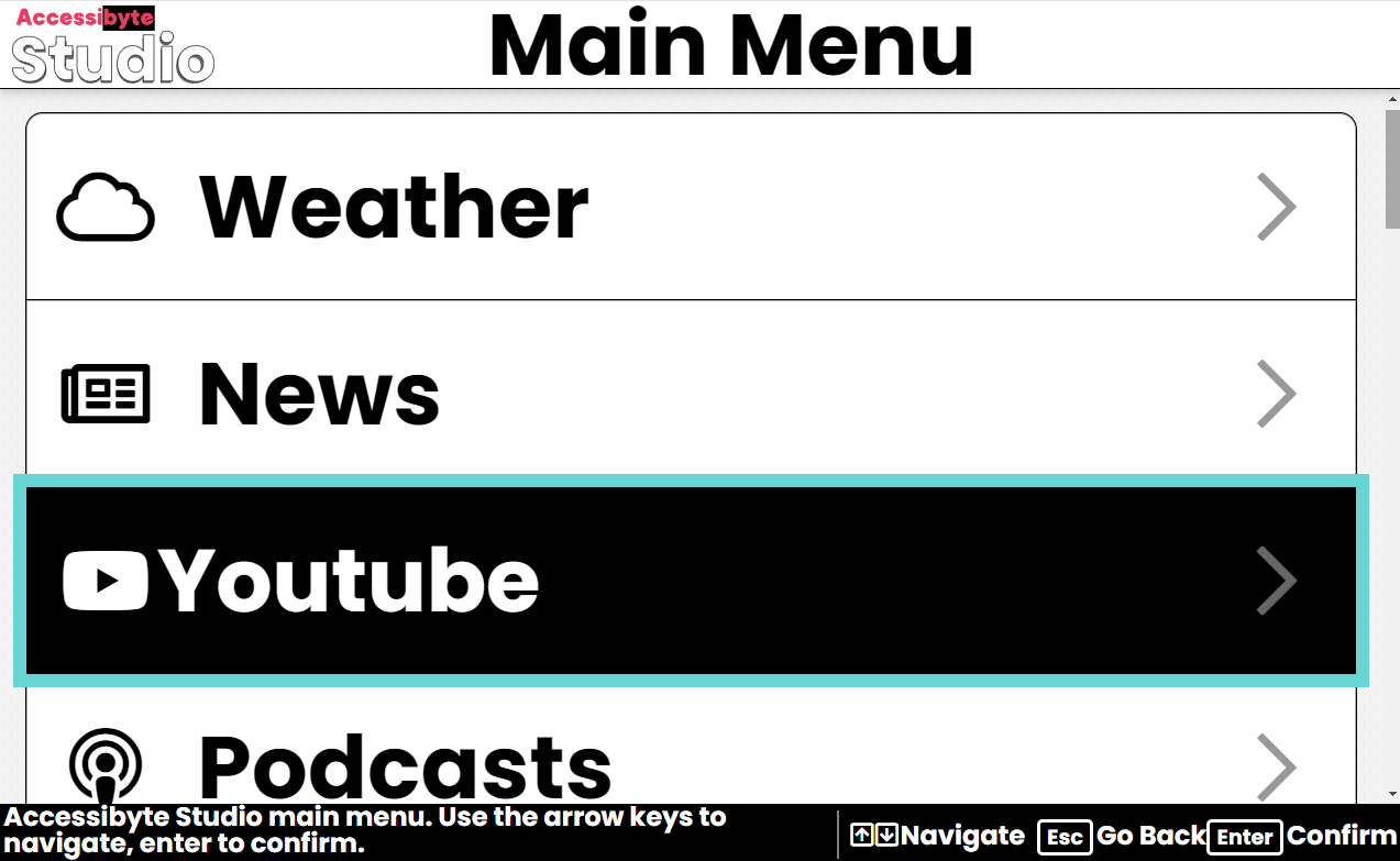 Accessibyte Studio screenshot showing main menu.
