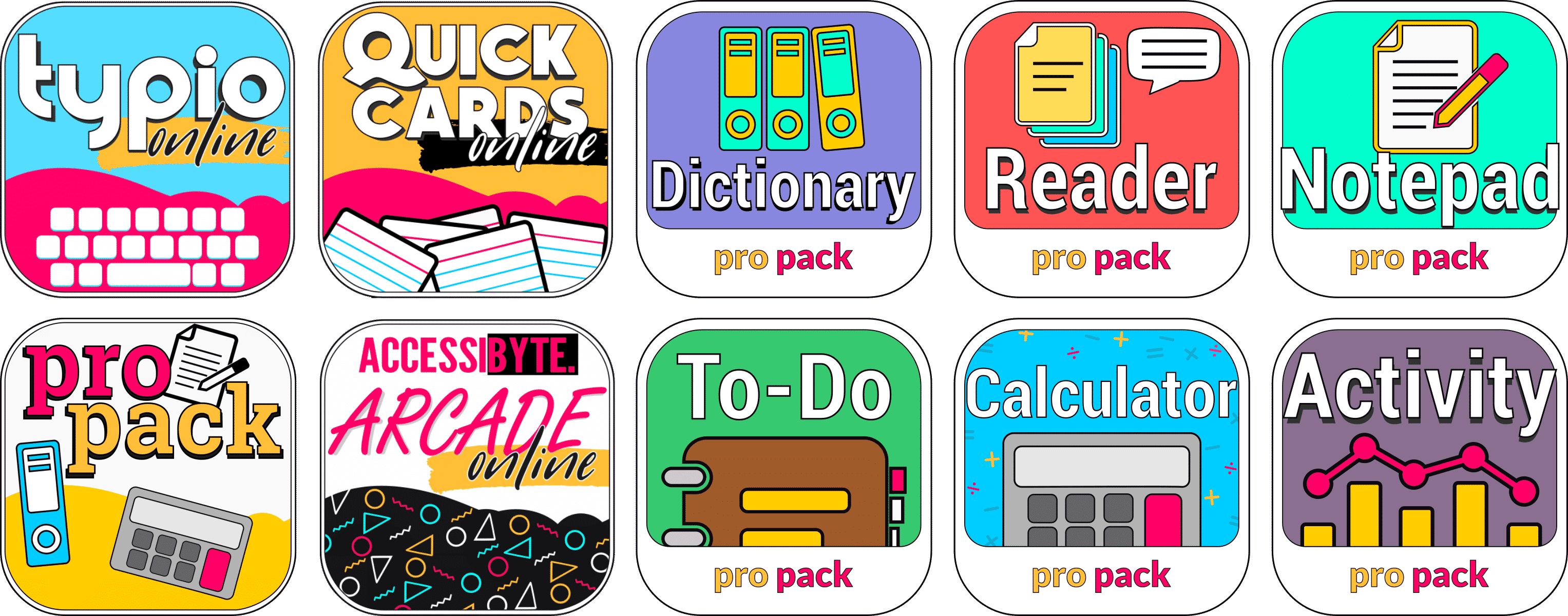 Accessibyte Online Icons for all programs. Typio, Quick Cards, Arcade, ProPack