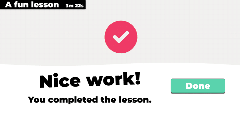 Image of Typio's score screen with Simple Score enabled. Lesson title and time, followed by circled checkmark icon and text reading 'Nice work! You completed the lesson'.