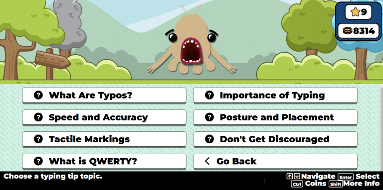 Picture of Typing Pet screen with buttons for the following: What are typos, importance of typing, speed and accuracy, posture and placement, tactile markings, don't get discouraged, what is QWERTY, go back.